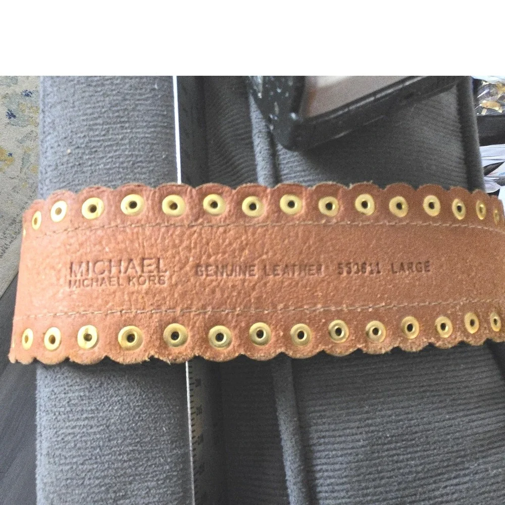 Michael Kors Brown Leather Studded Scalloped Edge Gold Buckle Belt Large‎